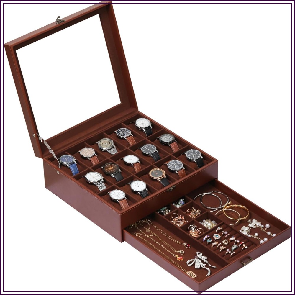 Jewelry Box That Holds Watches - صندوق ساعات من طبقتين مع قفل،